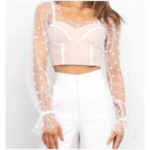 Runaway The Label  Bustier Corset Top Size 4 Beige Polka Dot Tulle Sheer Sleeves